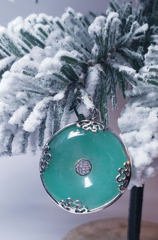 Vintage Sterling Silver Natural Jade Jadeite Donut Circle Pendant