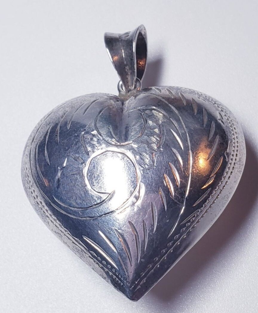 Vintage Sterling Silver Medium Size Etched Puffy Heart Slide Pendant