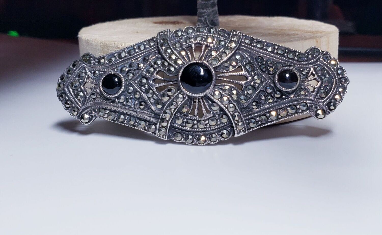 Vintage Sterling Silver Black Onyx &Marcasite Cross Cut-out Modernist Brooch Pin
