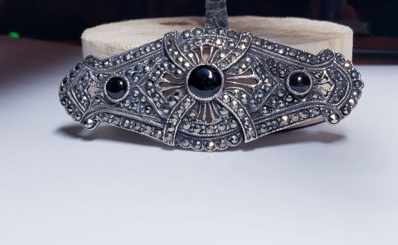 Vintage Sterling Silver Black Onyx &Marcasite Cross Cut-out Modernist Brooch Pin