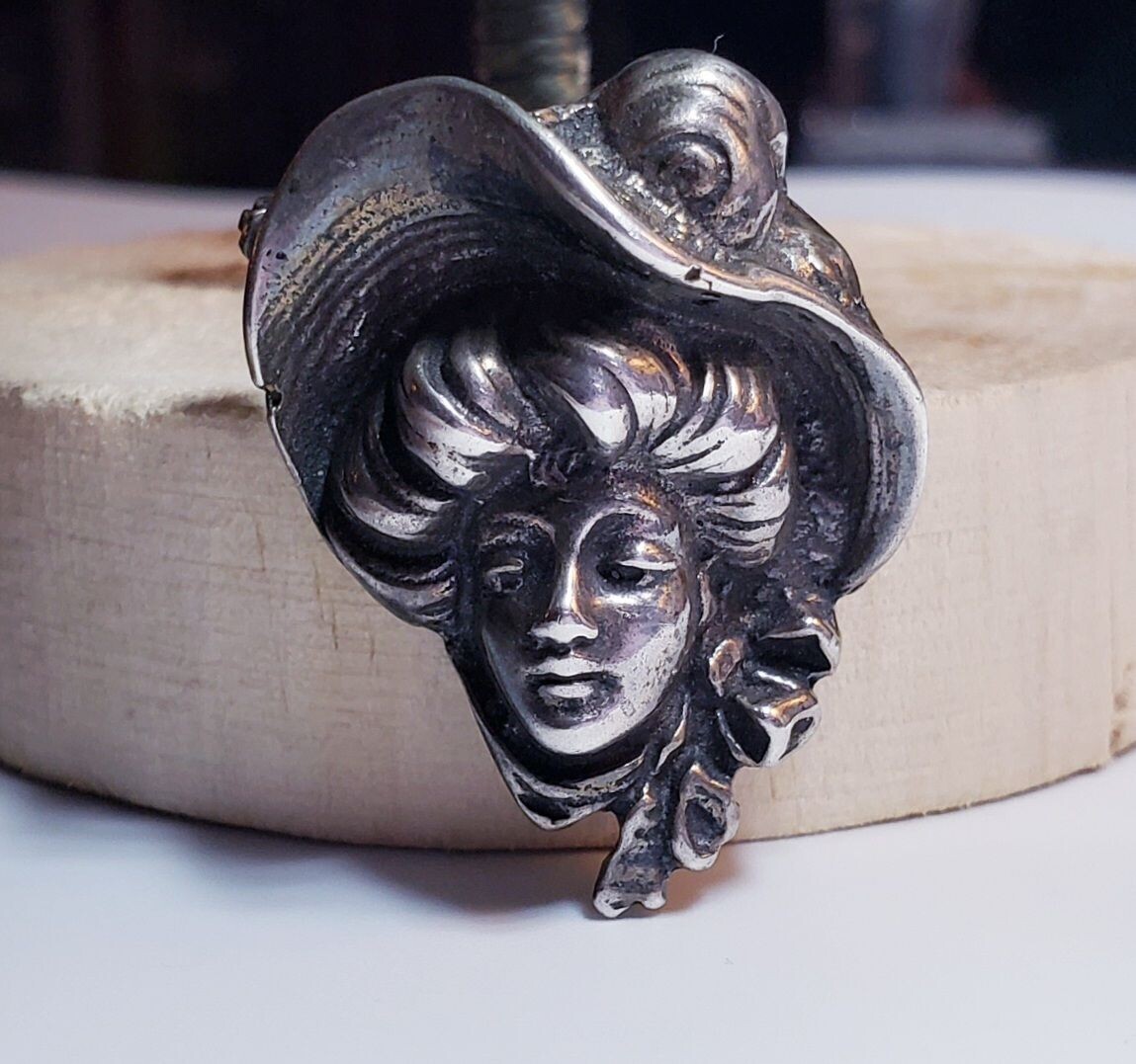 Antiqued Sterling Silver 3D Art Nouveau Aristocrat Woman's Bust Brooch Pin