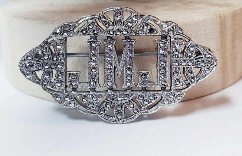 Vintage Art Deco JMJ Monogram Style Sterling Silver Marcasite Brooch Pin