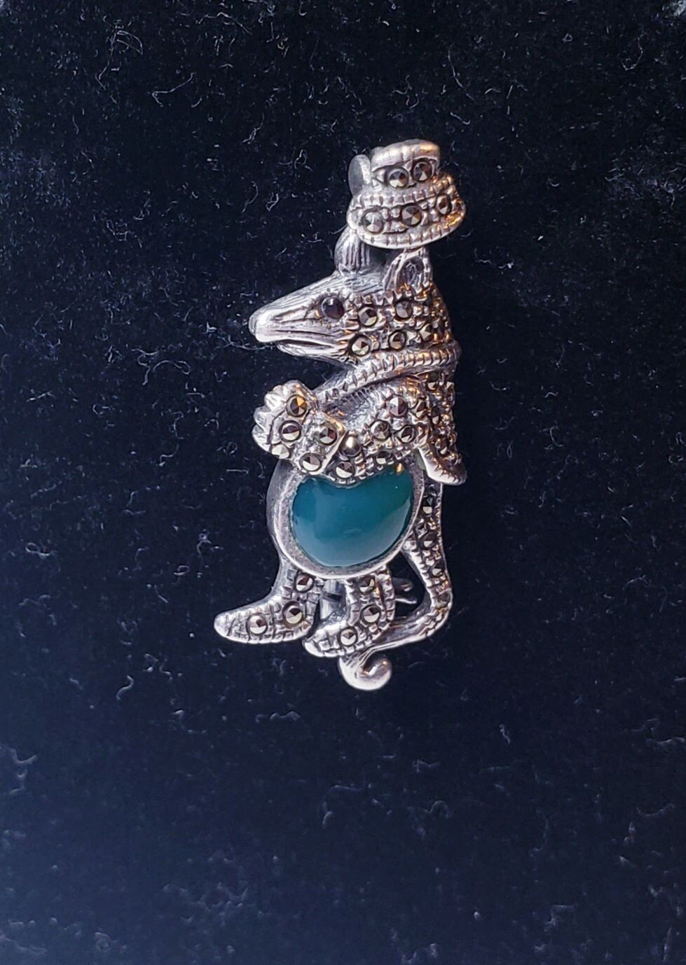 Vintage Sterling Silver Marcasite & Green Onyx Mouse Brooch Pin