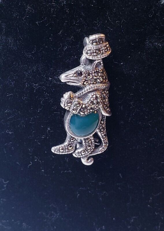 Vintage Sterling Silver Marcasite & Green Onyx Mouse Brooch Pin