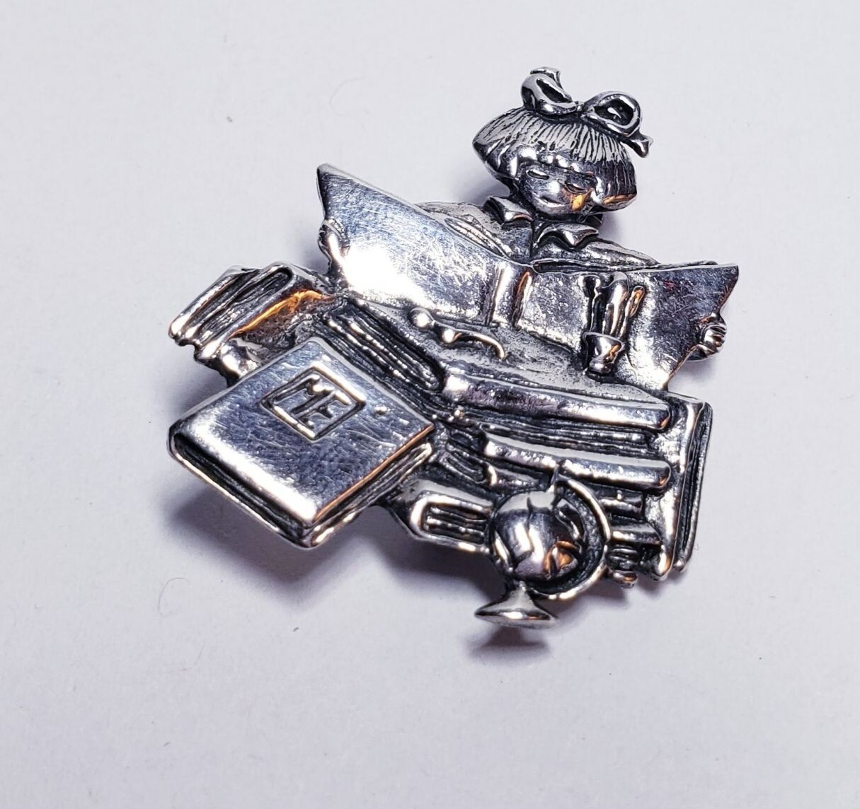 Vintage Sterling Silver Little Girl Reading Brooch Pin