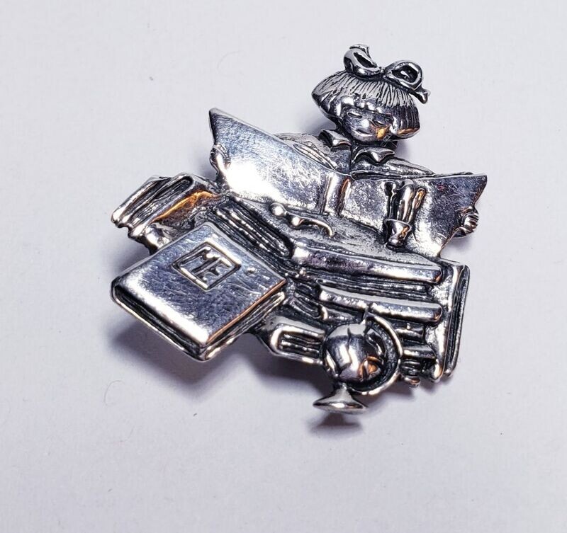 Vintage Sterling Silver Little Girl Reading Brooch Pin