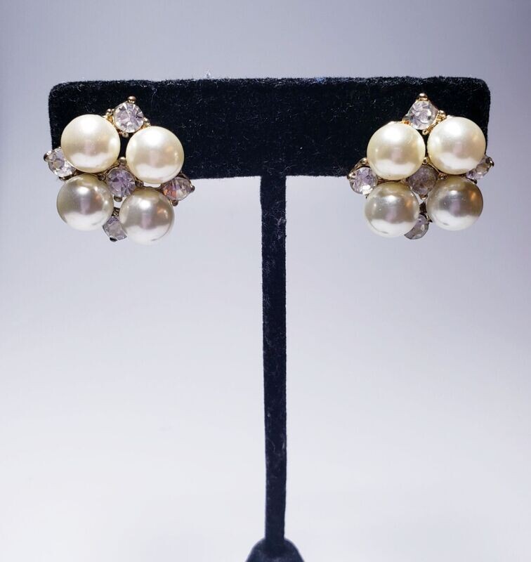 Gorgeous Vintage Costume Pearl & Cz Button Style Earrings