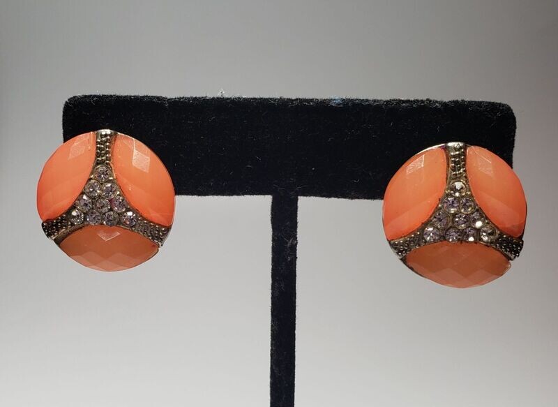 Vintage Costume Salmon Coral Cz Button Style Earrings