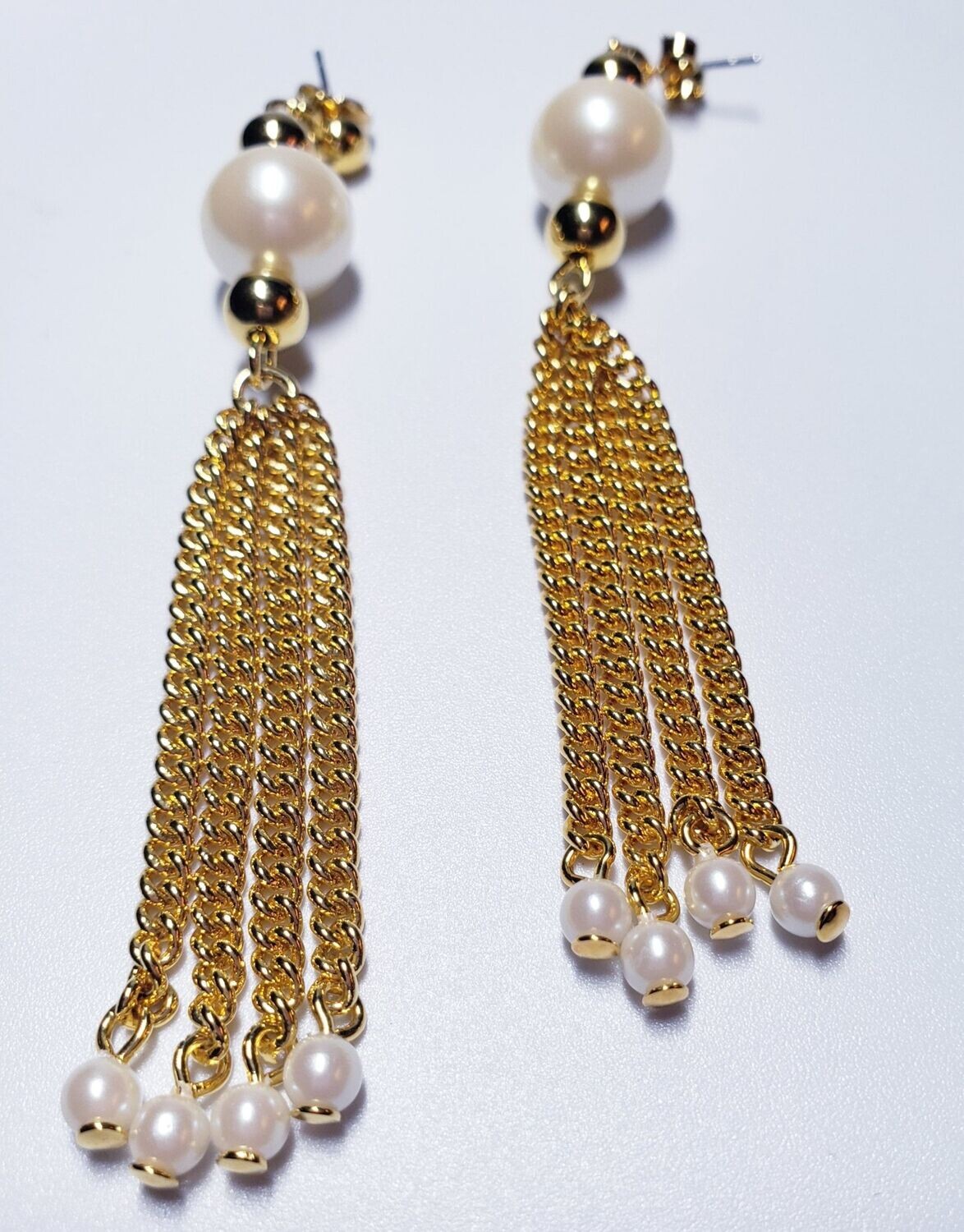 Beautiful Vintage Costume Faux Pearl Gold Vermeil Tassel Earrings 3"