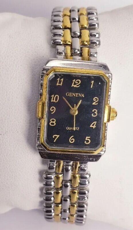 Women's Two Tone Black Dial Geneva Quartz Bracelet Style Wristwatch.