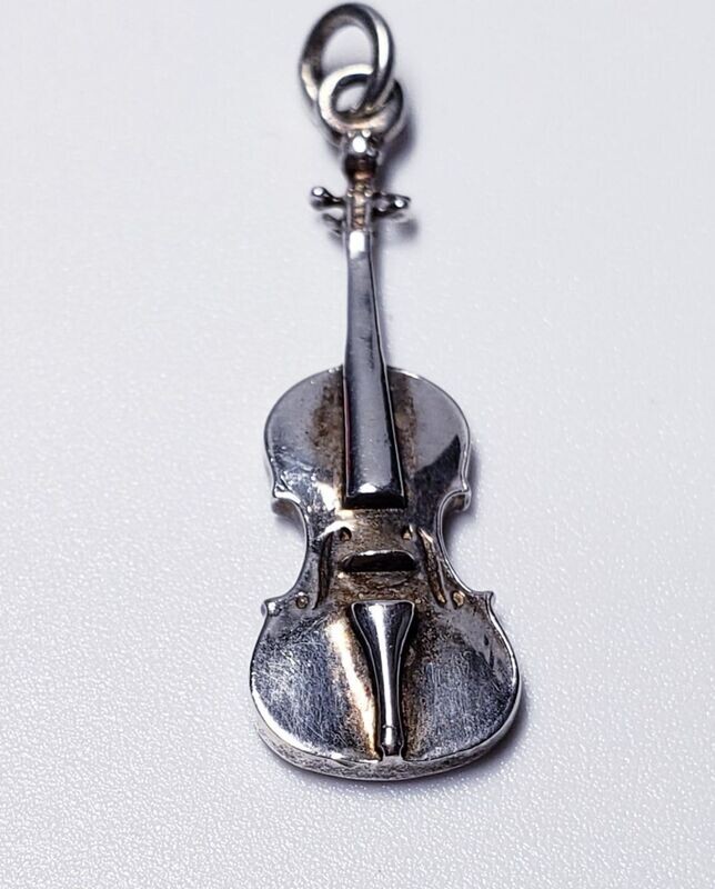 Vintage Intricate Carved Sterling Silver Violin Charm Pendant