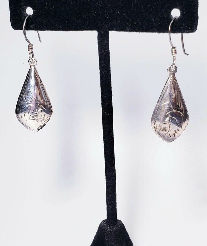 Puffed Teardrop Engraved Dangle Earrings