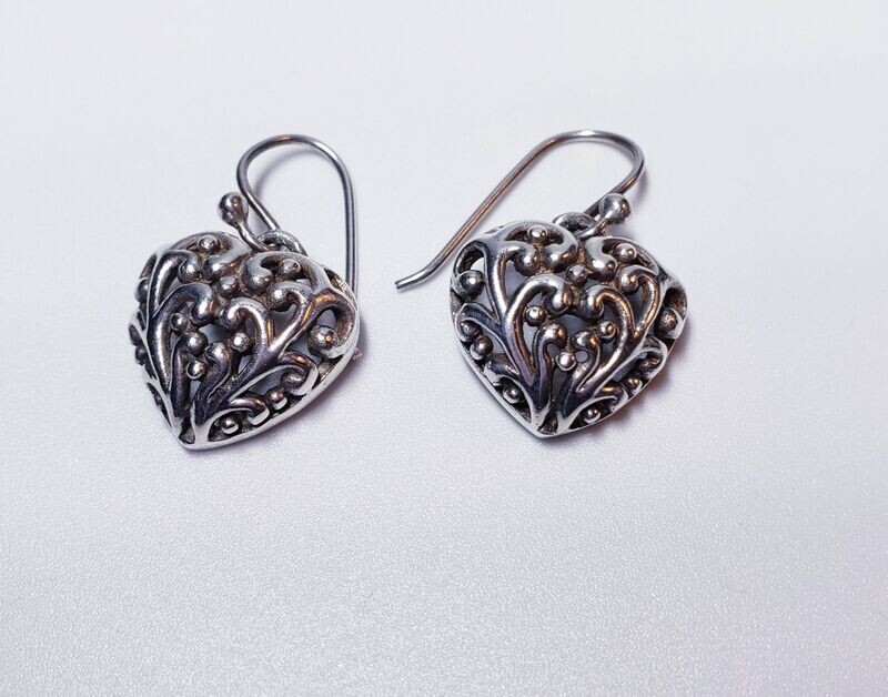 Puffed Heart Filigree Dangle Earrings