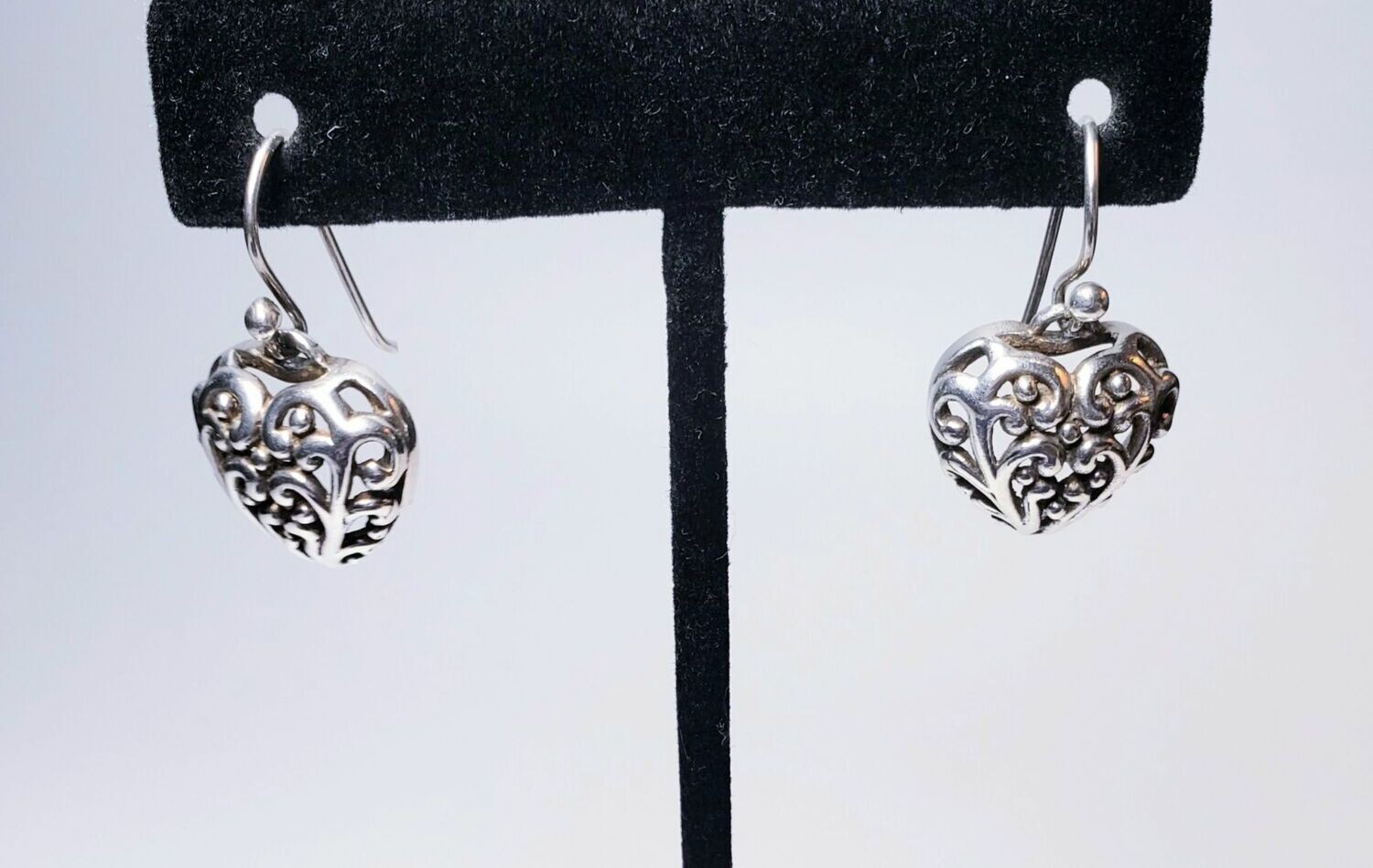 Puffed Heart Filigree Dangle Earrings