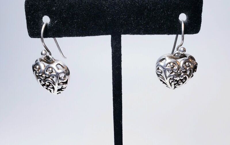 Puffed Heart Filigree Dangle Earrings