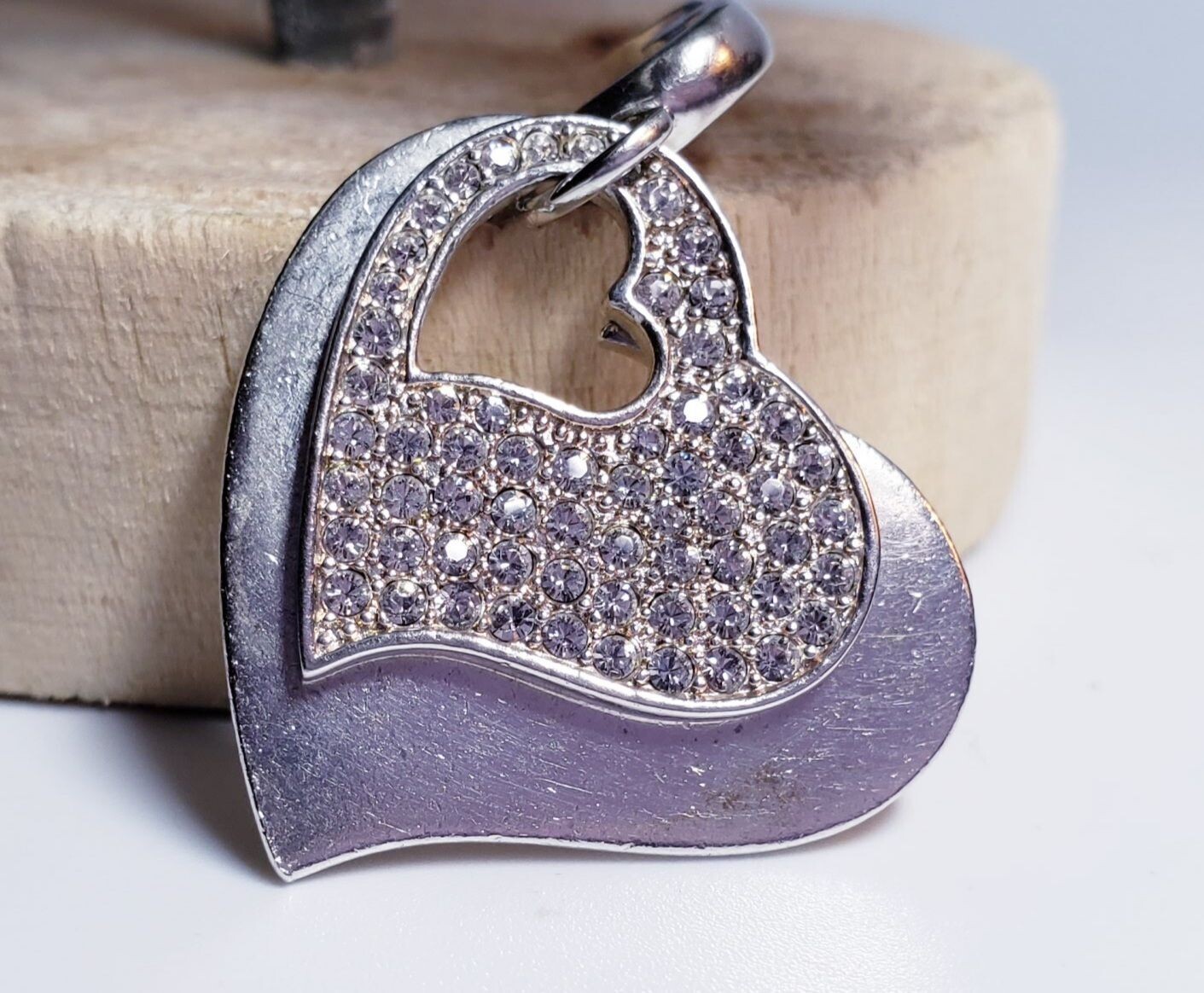 Vintage Sterling Silver Double Cut Out CZ Heart Pendant