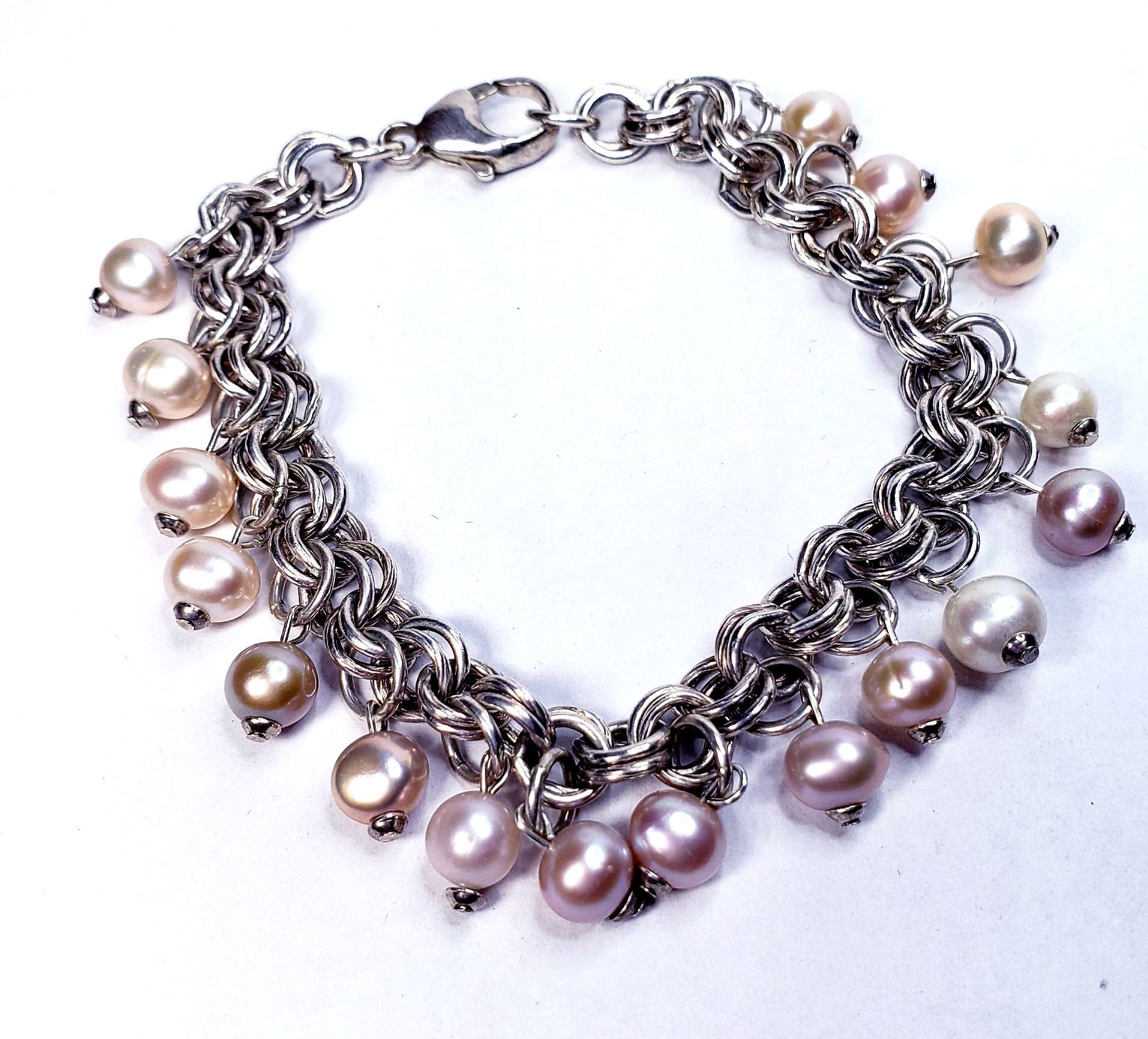 Multi Pearl Dangle Double Link Charm Bracelet 7.25