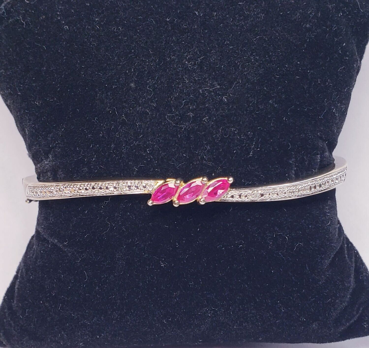 Gold Vermeil Over Sterling Silver  Hinged Bangle  Bracelet With Ruby's 7.5"