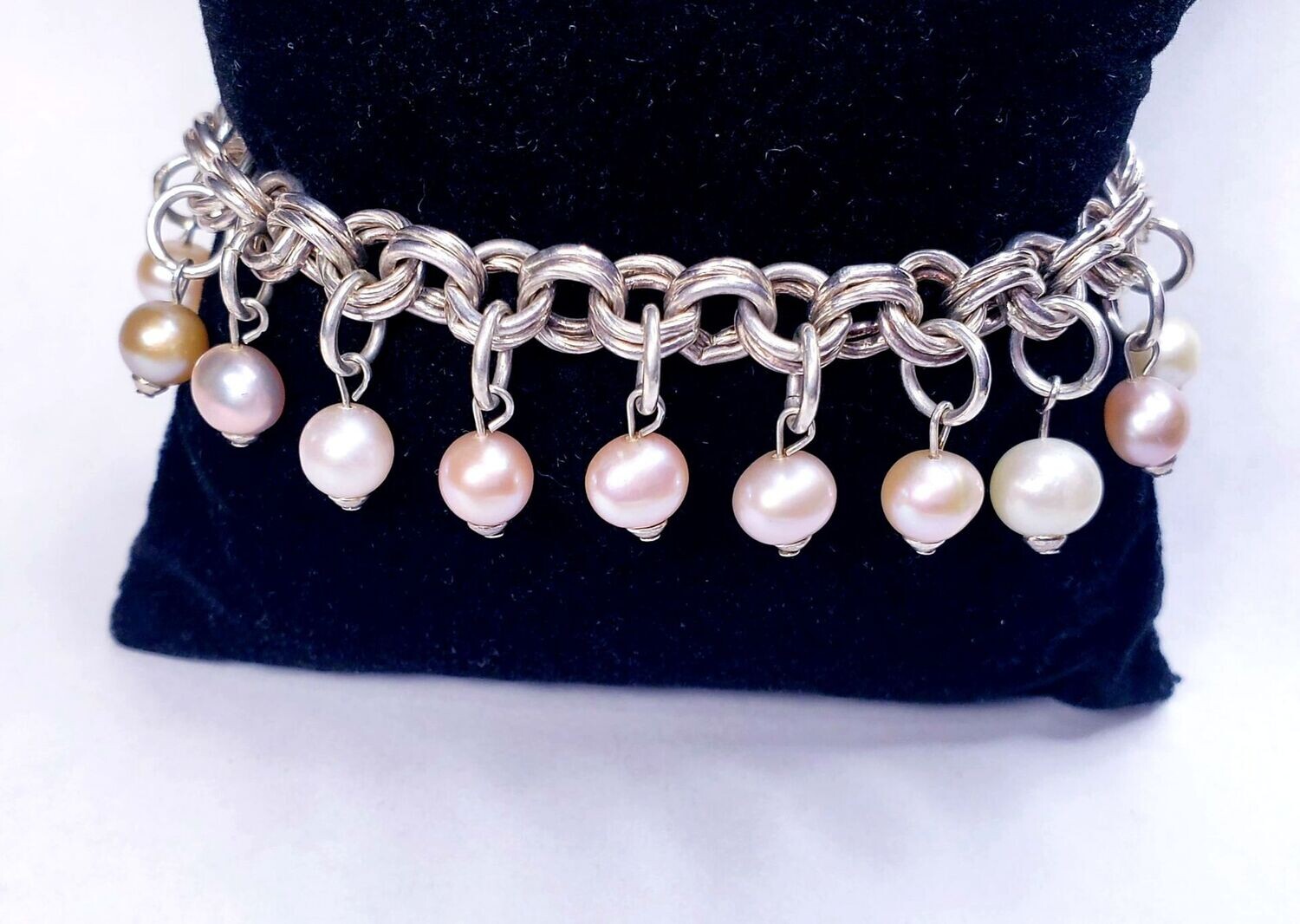 Multi Pearl Dangle Double Link Charm Bracelet 7.5