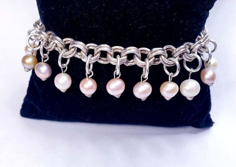 Multi Pearl Dangle Double Link Charm Bracelet 7.5