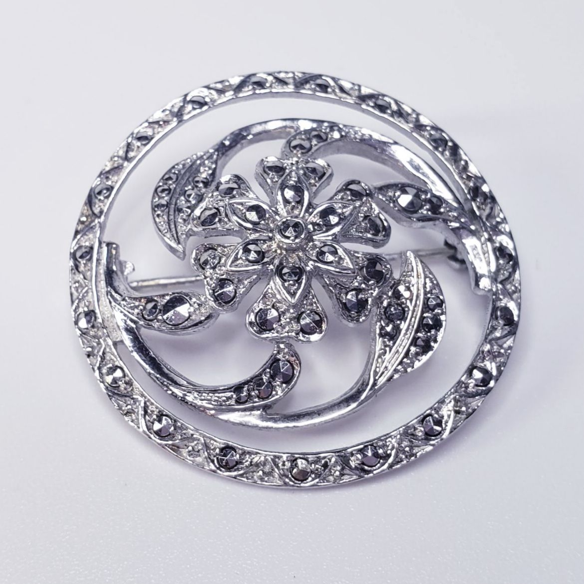 Floral Vintage Sterling Silver Germany Round Marcasite Brooch Pin.