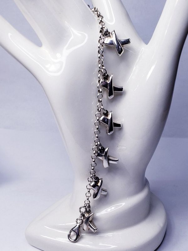 Puffed 3D X Sterling Silver Rolo Charm Bracelet 7.5"Long.