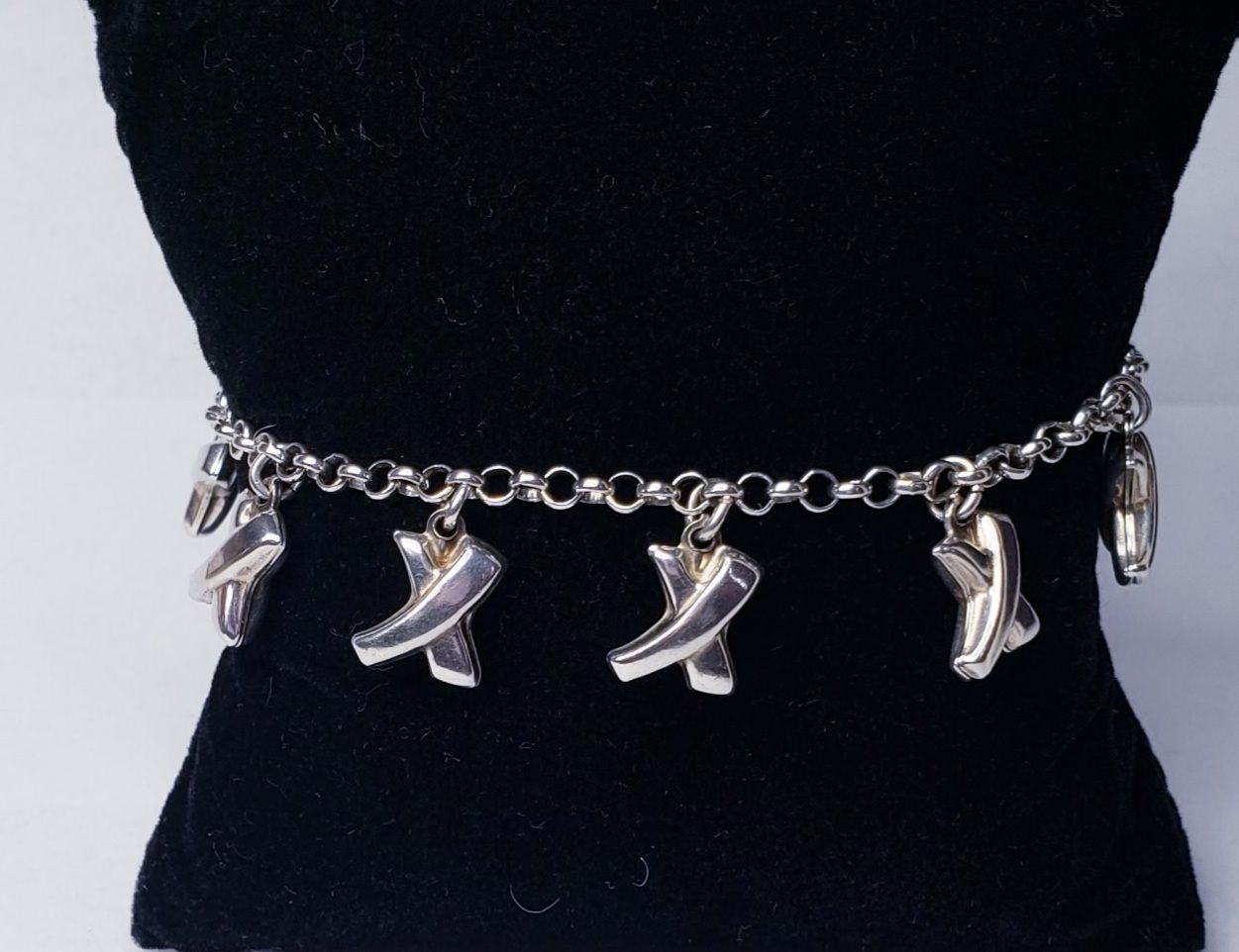 Puffed 3D X Sterling Silver Rolo Charm Bracelet 7.5"Long.