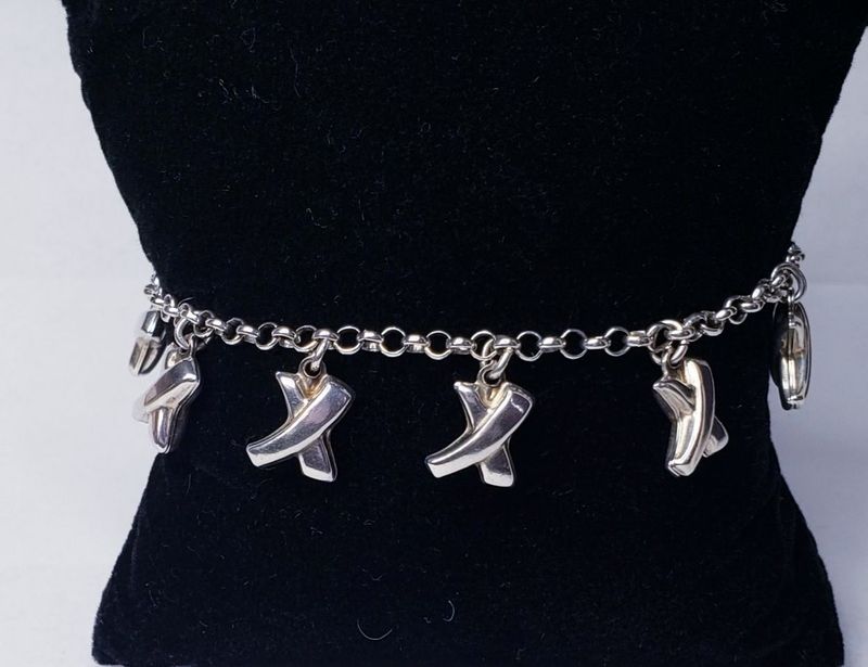 Puffed 3D X Sterling Silver Rolo Charm Bracelet 7.5"Long.