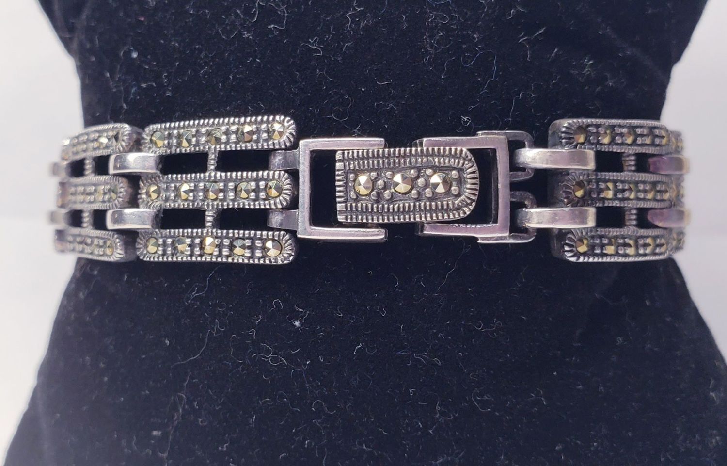 Art Deco Style Textured Marcasite Sterling Silver Bracelet 8" Long