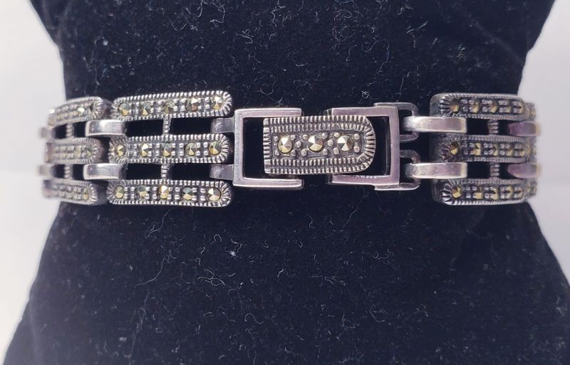 Art Deco Style Textured Marcasite Sterling Silver Bracelet 8" Long