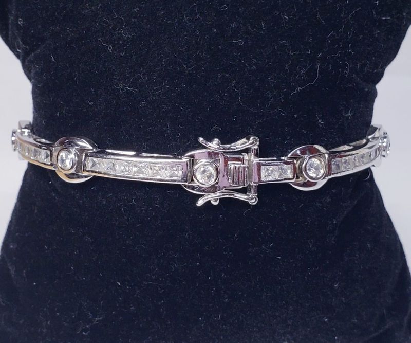 Sterling Silver Baguette And Round Tennis Style CZ Bracelet 8"