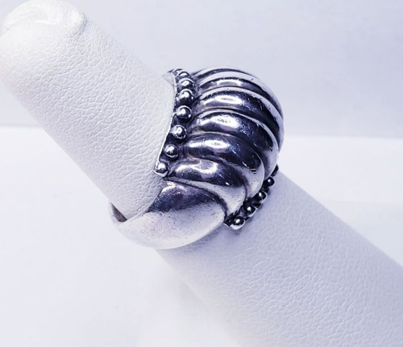Ribbed Beaded Dome Style Sterling Silver Ring Size 6