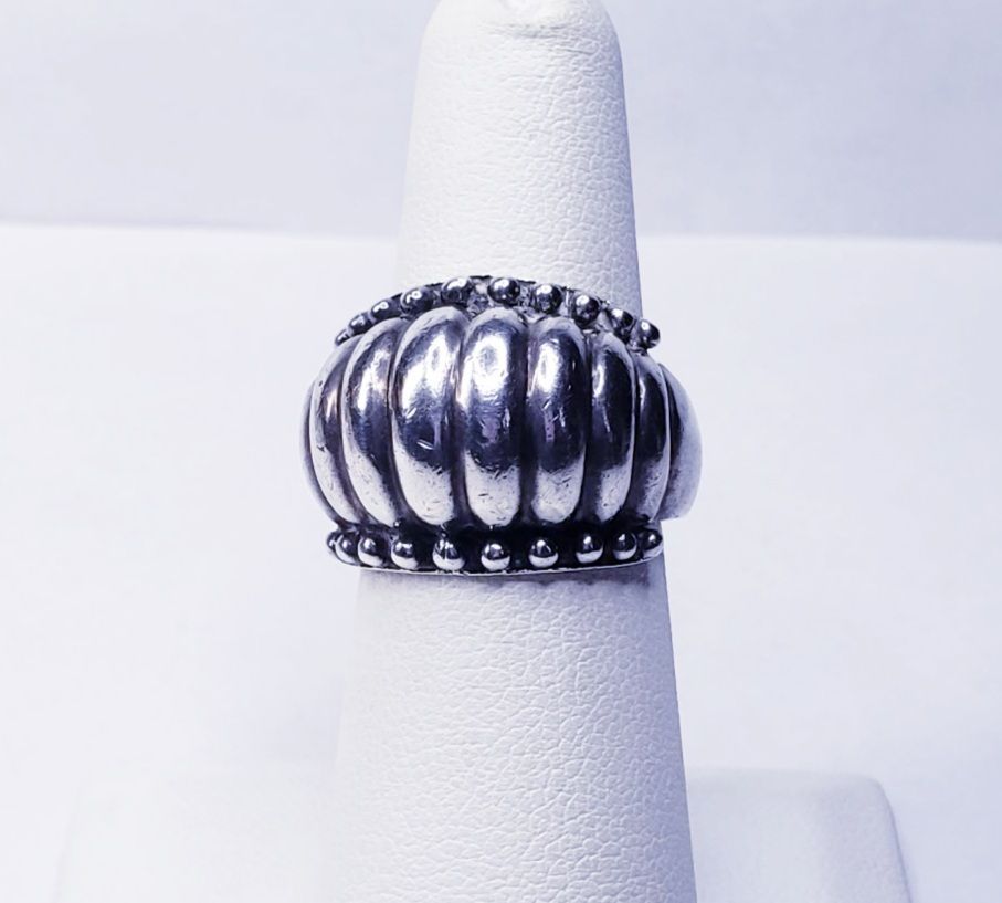 Ribbed Beaded Dome Style Sterling Silver Ring Size 6