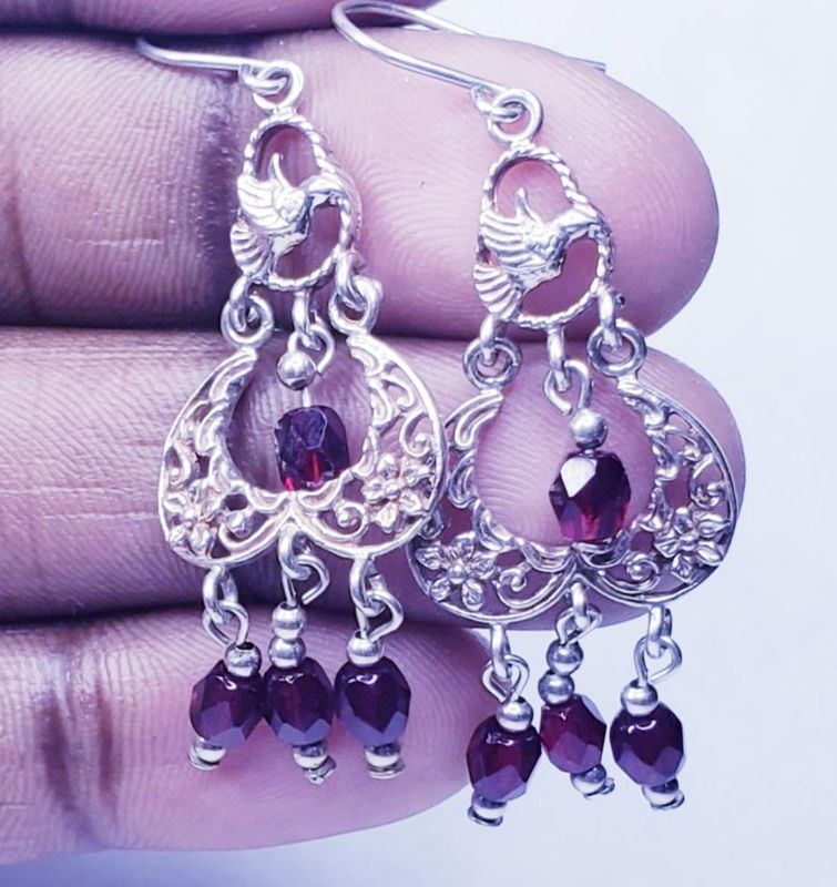 Floral With Faceted Garnet Bead Charms Dangle Sterling Silver Earrings