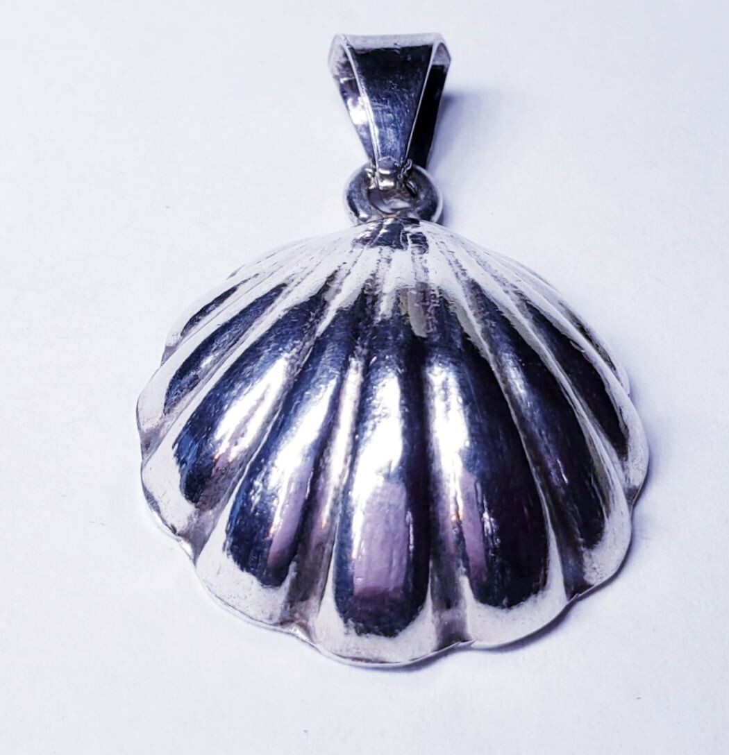 Vintage Sterling Silver Huge Sea Shell Pendant 2" Long