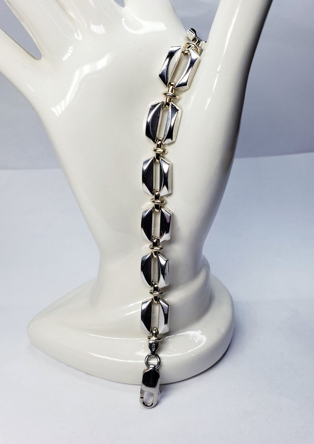 14k Gold Cowrie Style Sterling Silver Bracelet 7.75" Long