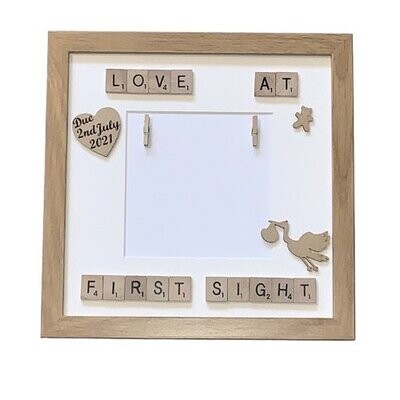 Love at First Sight Baby Scan Scrabble Art Photo Frame|Personalised with date.