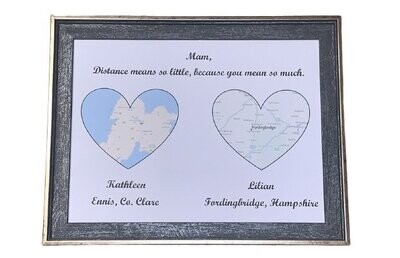 Distance means so little. Destination Map Hearts|Personalised with place, names and message.