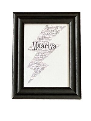 Shaped Word Art 7 x 5" Framed Print|Personalised with choice of words.