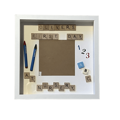 First Day at Nursery Scrabble Art Photo Frame|Personalised with name.