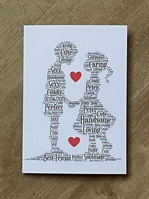 Wedding, Anniversary or Valentines Word Art Card|Completely personalised.
