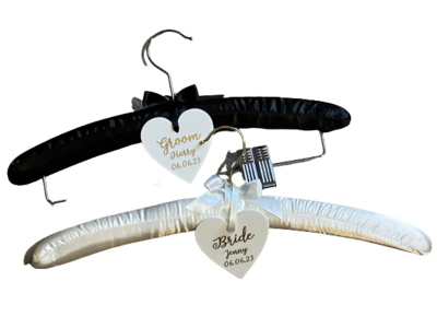 Satin Padded Wedding Hangers set of two with personalised hearts.