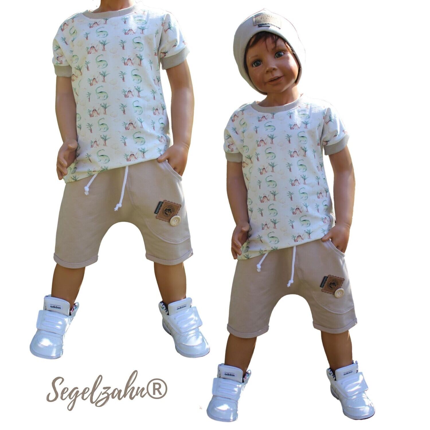 Dino Shorts Beige, kurze Hose Kinder schlicht, einfarbige Dinosaurier Sommerhose Unisex Jungen Sweat Jogger Kinderhose für den Sommer