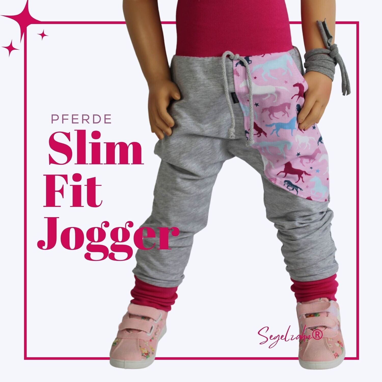 Slim Fit Jogger Mädchen / Pferde / Sweat Hose Kind Baby / Grau / Segelzahn / Jogginghose / Kinderkleidung / Pferd / Hosen für Mädchen