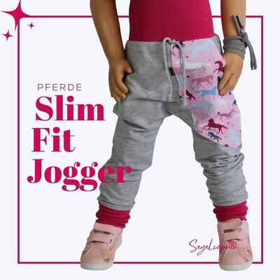 Slim Fit Jogger Mädchen / Pferde / Sweat Hose Kind Baby / Grau / Segelzahn / Jogginghose / Kinderkleidung / Pferd / Hosen für Mädchen