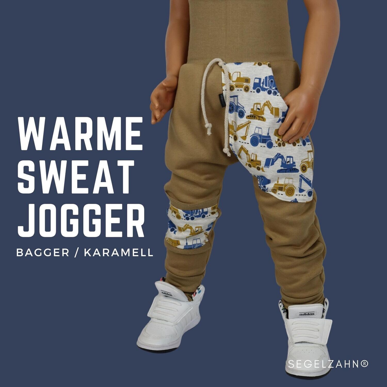 kuschelige Sweat Jogger Kinder Unisex Hose Karamell - Bagger Baustelle - Sweathose für Jungen und Mädchen - Segelzahn Jogginghose Kind Baby mitwachshose