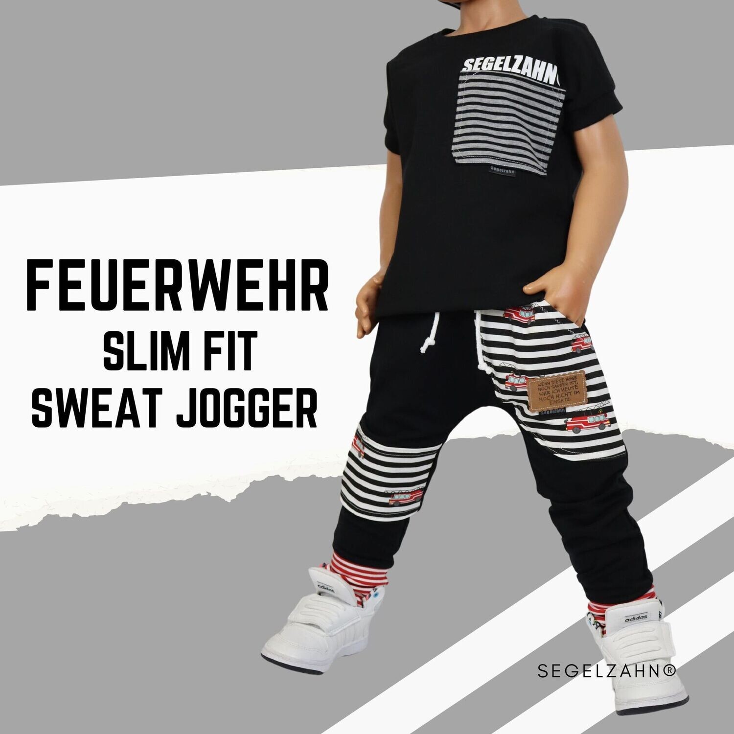 Sweat Hose Feuerwehr für KinderJungen / Slim Fit Jogger Schwarz, Jogginghose Kind Baby Hosen, Unisex Kinderhose, Kinderkleidung, Segelzahn