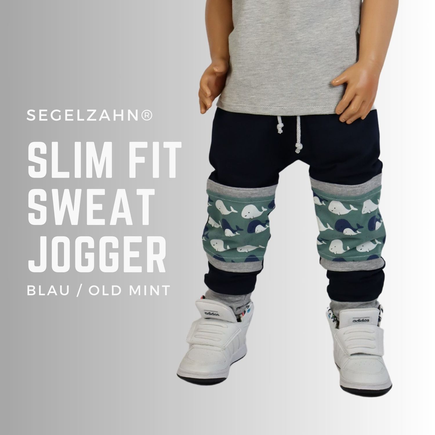 Slim Fit Sweat Hose Kinder Blau Wale Maritim Old Mint, Unsiex Kinderhose, Jogginghose, Sweathose, Segelzahn Kinderkleidung Hosen Jungen Kind