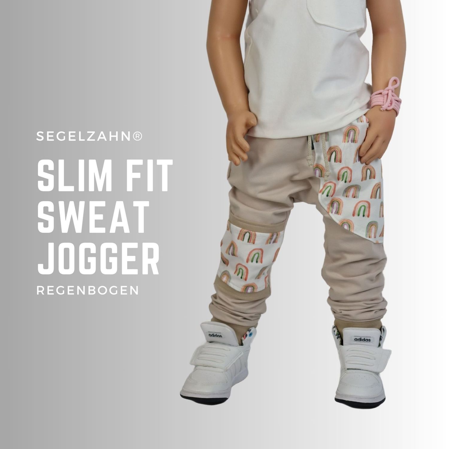 Slim Fit Hose Mädchen Sweat Jogger Beige Regenbogen Unisex Kinderhose Segelzahn Kinderkleidung Hosen für Kind und Baby- Mitwachshose