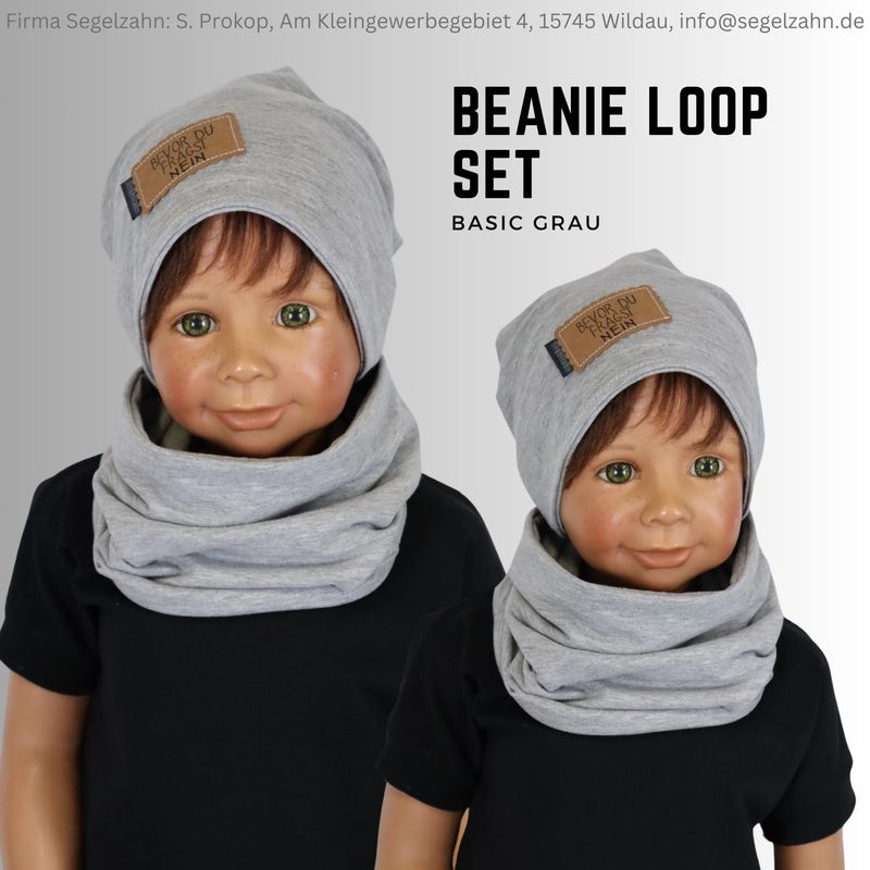 Beanie Loop Set Kinder Mütze Schal einfarbig schlicht, Grau Jungen Mädchen Kind Baby Mützen Sets Segelzahn Kinderkleidung Übergang Winter